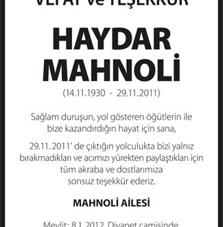 VEFAT ve TEŞEKKÜR HAYDAR MAHNOLİ